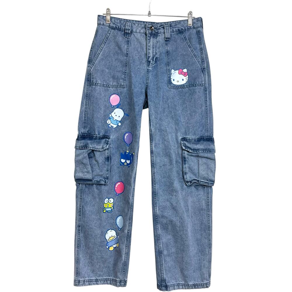 Hello Kitty Cargo Jeans Size 3 Wide Leg Sanrio Graphic Blue Denim Friends